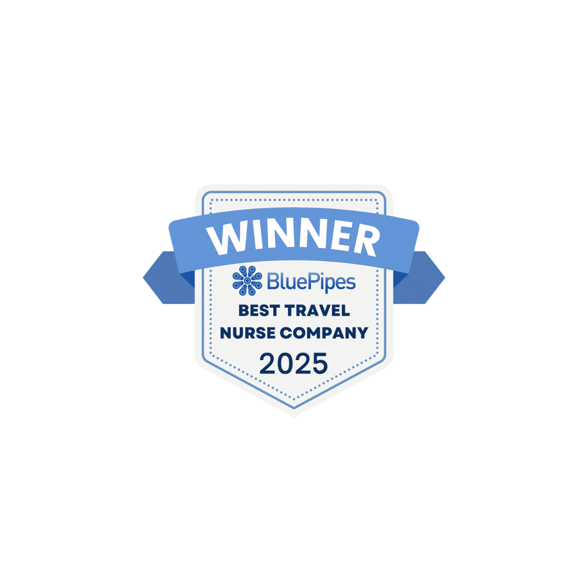 BluePipes 2025 Winner badge recognizing Pioneer Healthcare as one of the Best Travel Nurse Companies.