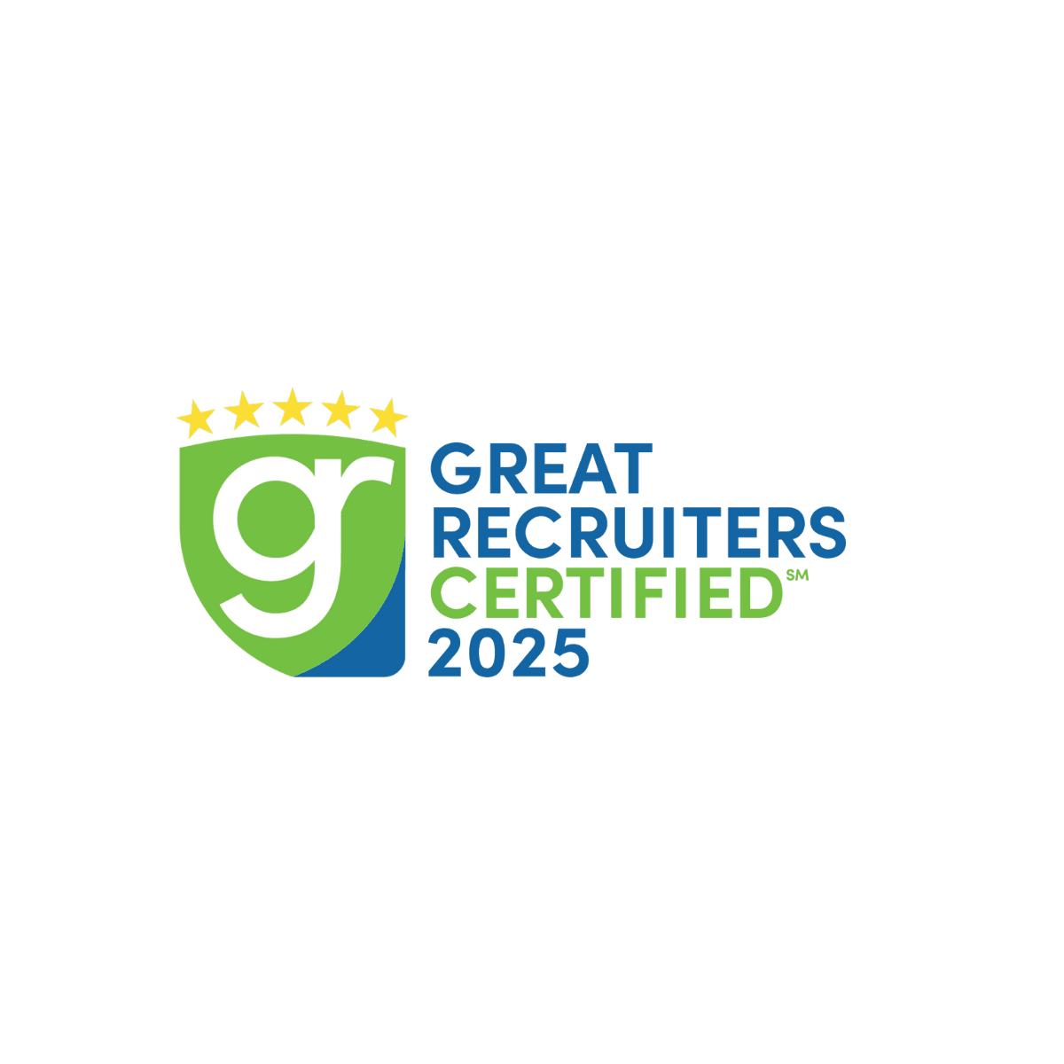 Green and blue shield-shaped logo with five gold stars and the text “Great Recruiters Certified 2025.