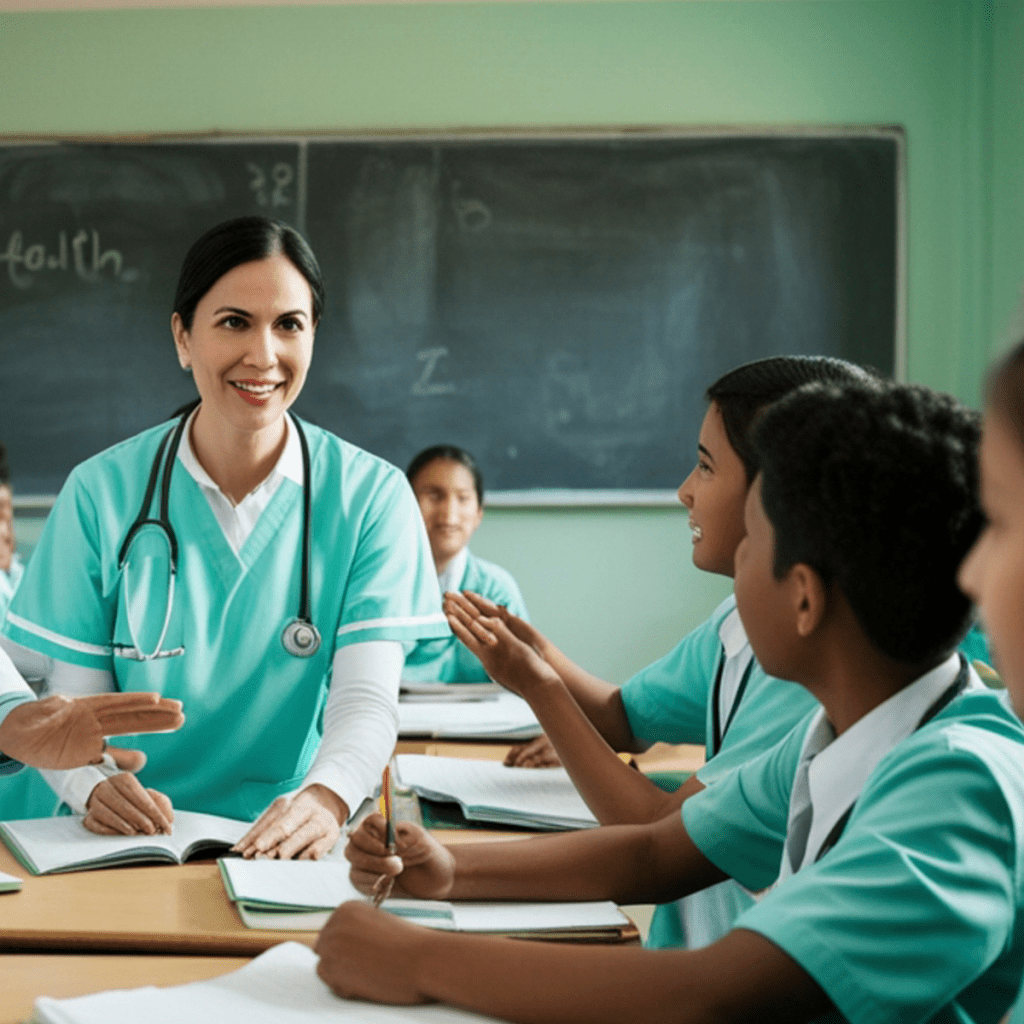 A female speech-language pathologist in a green scrub top smiling while working with students in a classroom setting.